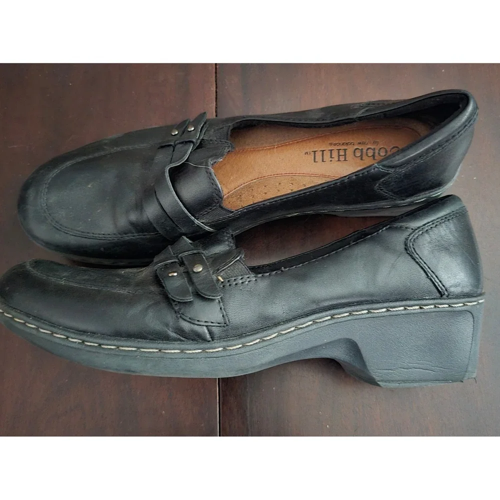 Cobb Hill New Balance Black Leather Wedge Loafers Shoes CAF02 BK Womens 10N